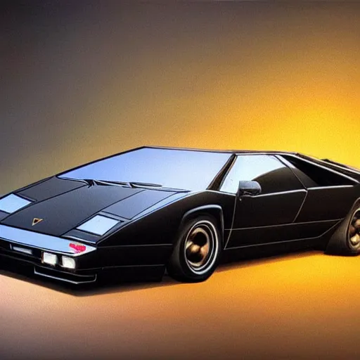 Image similar to A beautiful oil painting of a Lamborghini Countach, volumetric lighting, photorealistic, highly detailed.