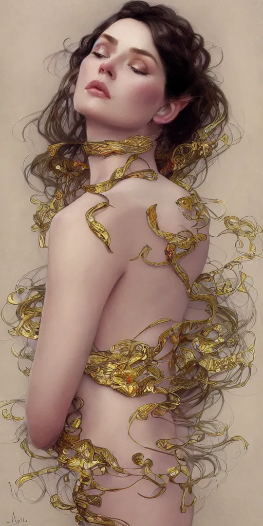 Image similar to ultra realistic illustration studio of a beautiful elegant girl in an artistic pose covered in silk, intricate, elegant, highly detailed, digital painting, artstation, concept art, smooth, sharp focus, illustration, art by artgerm and greg rutkowski and alphonse mucha by klimt