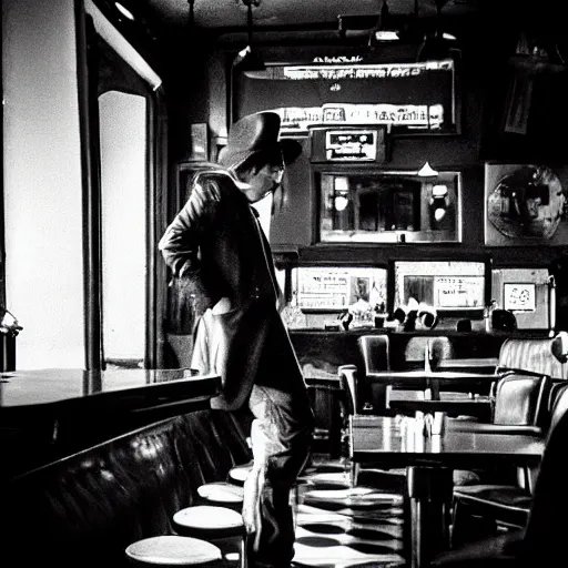 Prompt: noir movie scene, sirenhead at a pub waiting for a friend