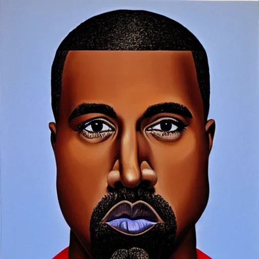 Image similar to very detailed portrait of kanye west. painted by rene magritte, 1 9 2 7. oil on canvas.