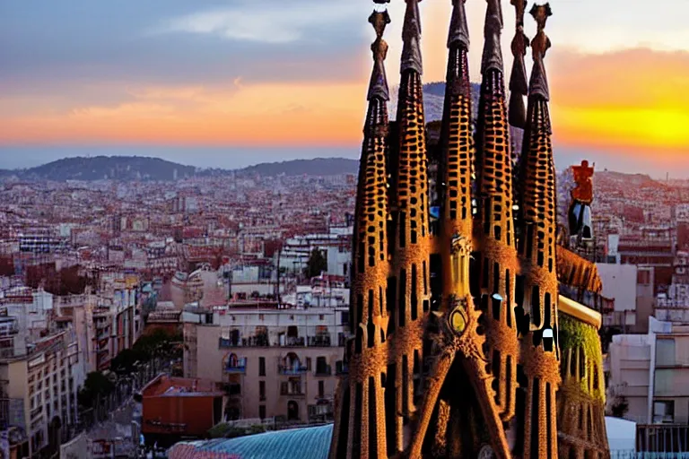 Prompt: views of catastrophic barcelona's sagrada familia covered with high water, global warming, floating cars, sunset lighting, photo real