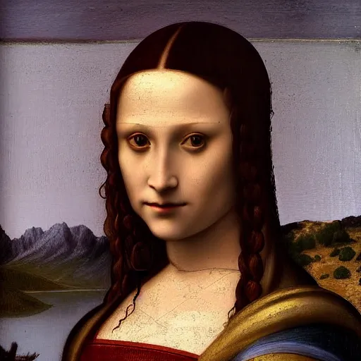 Prompt: portrait of a beautiful woman at a lake, oil painting by Da Vinci
