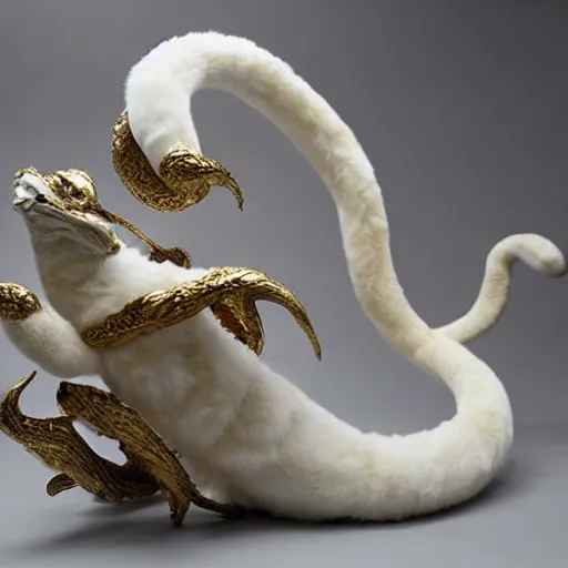 Prompt: furry fluffy floof serpent, white marble with gold accents, by ellen jewett