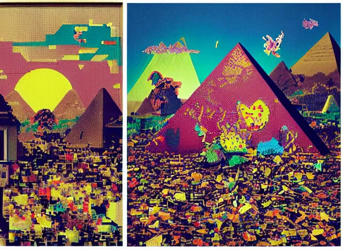 Prompt: “8 bit, pixel art, decollage, dumpster with colorful huge baroque trash can, montain view landscape with a semitranslucent inverted floral pyramids, opaque shattered windows and twisted porcelain bats, in a golden sunset sky, by adrian ghenie, francis bacon, daniel richter and hilma af klint, extremely detailed, graffiti letters, children painting, amateur, 8k”