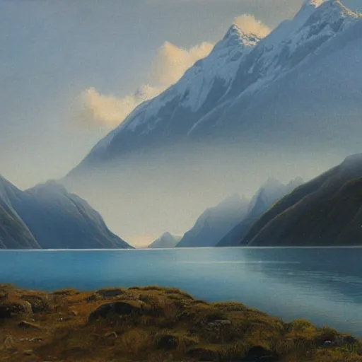 Prompt: John Gully romantic landscape painting of fiordland.