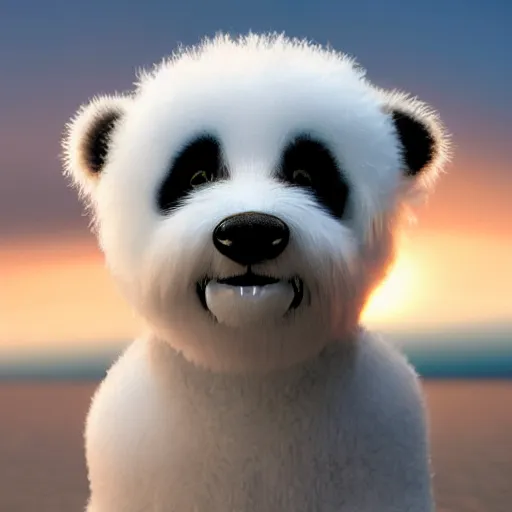 Image similar to a closeup photorealistic photograph of panda themed white bichon frise smiling on the beach at sunset. This 4K HD image is Trending on Artstation, featured on Behance, well-rendered, extra crisp, features intricate detail and the style of Unreal Engine.