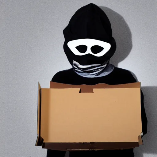 Image similar to Stock photo of a human burglar wearing a ski mask using a pizza box like a laptop, funny, bizzare