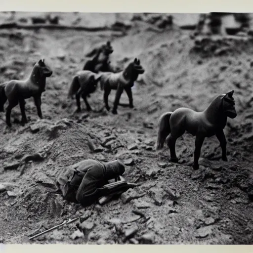 Image similar to authentic world war ii photo of my little ponies in the trenches