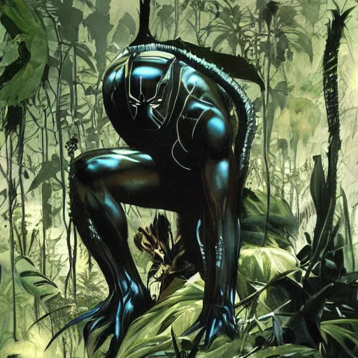 Prompt: black panther in the jungle by dave mckean and yoji shinkawa, oil on canvas