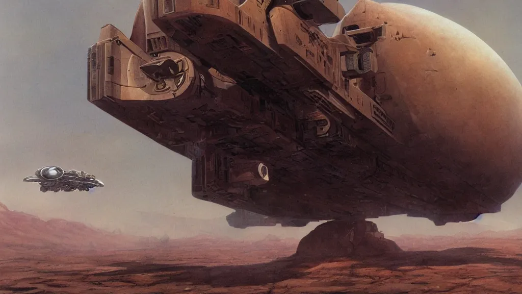 Image similar to organic dropship lander by john schoenherr and jim burns, epic cinematic matte painting