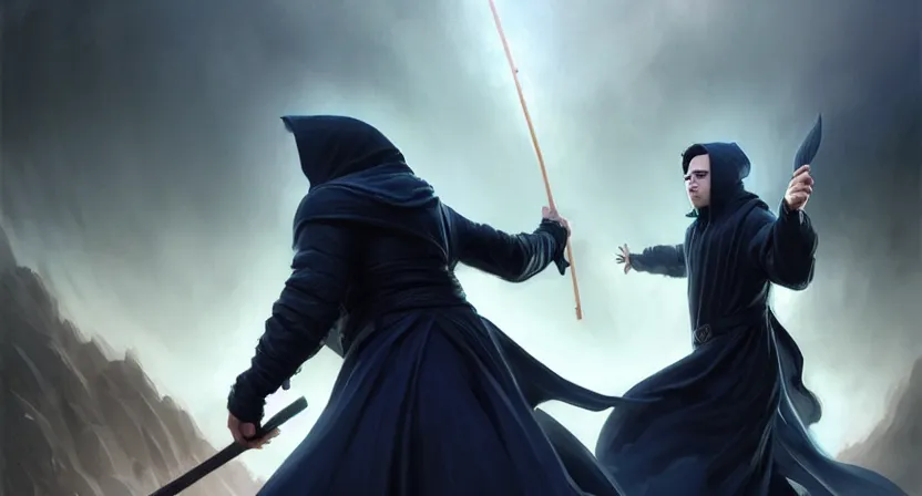 Prompt: handsome mage holding a staff running away from giant airship, black hair wearing square hooded gothic navy cloak, cave town, movie action still frame, ultra wide horizon, intricate, elegant, highly detailed, hyperrealism, digital painting, concept art, smooth, sharp, focus, illustration, art by artgerm, greg rutkowski, ilya kuvshinov