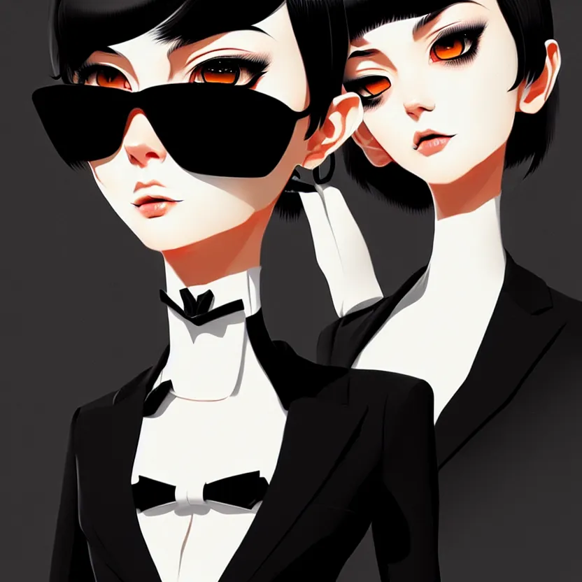 Image similar to a humanoid two cat, slim cruel business girl in tuxedo with black bob hair, elegant, 2 d, ultra highly detailed, digital painting, smooth, sharp focus, artstation, art by ilya kuvshinov!