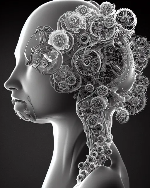 Image similar to mythical dreamy black and white organic bio-mechanical spinal ribbed profile face portrait detail of translucent steampunk beautiful female angelic-human-queen-vegetal-cyborg, highly detailed, intricate trnaslucent ivy jelly ornate, poetic, translucent roses ornate, 3D render, digital art, octane render, 8K artistic photography, photo-realistic, by Dora Maar