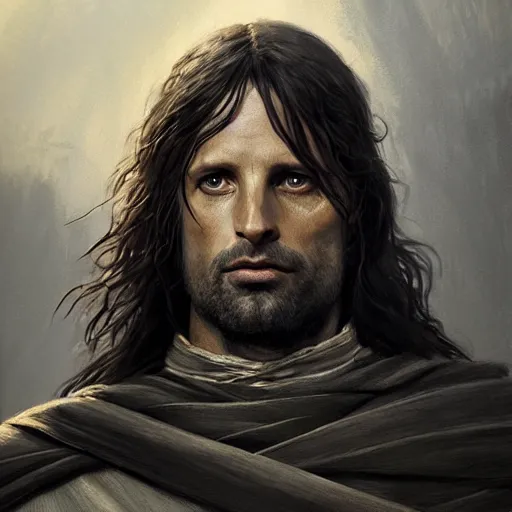 Image similar to portrait of aragorn wearing the gondorian crown from the lord of the rings 4 k, concept art, by wlop, ilya kuvshinov, artgerm, krenz cushart, greg rutkowski, pixiv. cinematic dramatic atmosphere, sharp focus, volumetric lighting, cinematic lighting, studio quality