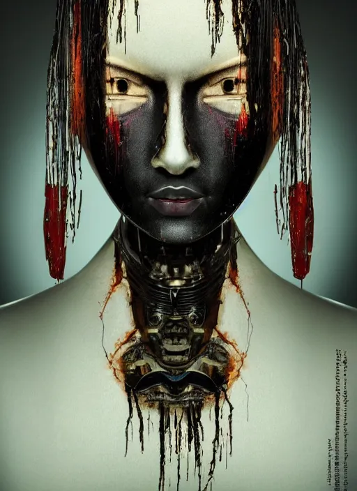 Image similar to portrait of a futuristic geisha cyborg crying black tears made from thick black oil, in the style of ghost in the shell, kintsugi, modern fine art, fractal, intricate, elegant, highly detailed, digital photography, subsurface scattering, by jheronimus bosch and greg rutkowski,