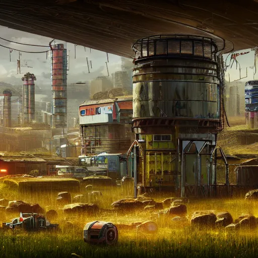 Image similar to fully detailed landscape of a cyberpunk farm , watertank, futuristic tractors, farmhouse, mushroom, overgrowth, Ai , Bots , drones , cinematic lightening, in the future, high quality, 8k , octane render, trending on artstation , greg rutowski