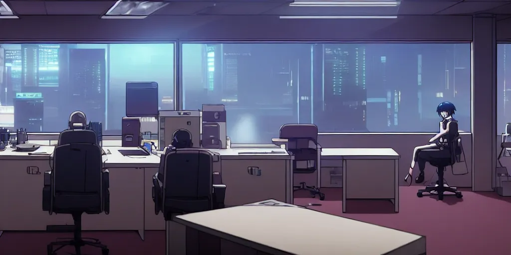 Image similar to an empty quiet quiet after hours cyberpunk police office office in the cyberpunk neon noir anime film, Shichiro Kobayashi, screenshot in the anime series ergo proxy ergo proxy ergo proxy and Detroit metal city, interior