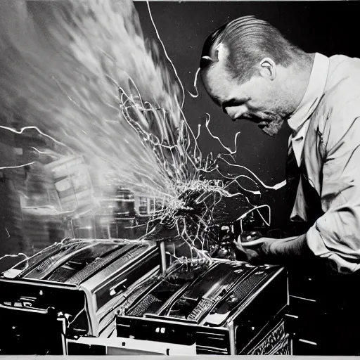 Image similar to a black and white photograph of a man destroying a computer until it sparks, by gary baseman, by robert crumb, by jim henson, photorealistic, surreal, high contrast, film photography