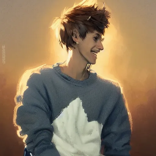 Image similar to portrait of a very masculine teenage girl with blue eyes and brown hair, short men's haircut, smiling, wearing an oversized sweater, dramatic lighting, illustration by Greg rutkowski, yoji shinkawa, 4k, digital art, concept art, trending on artstation