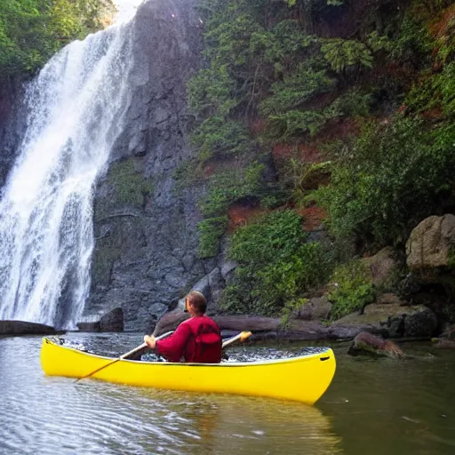 Image similar to a sasquatch in a canoe going over a waterfall