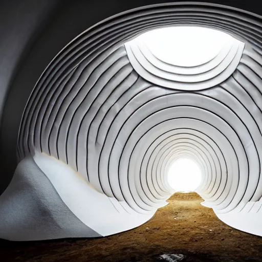 Image similar to a circular portal structure in the centre of an abandoned white cave full of geodes, beautiful curves, golden ratio, epic lighting, unusual composition, 4 k, zaha hadid, irakli nadar