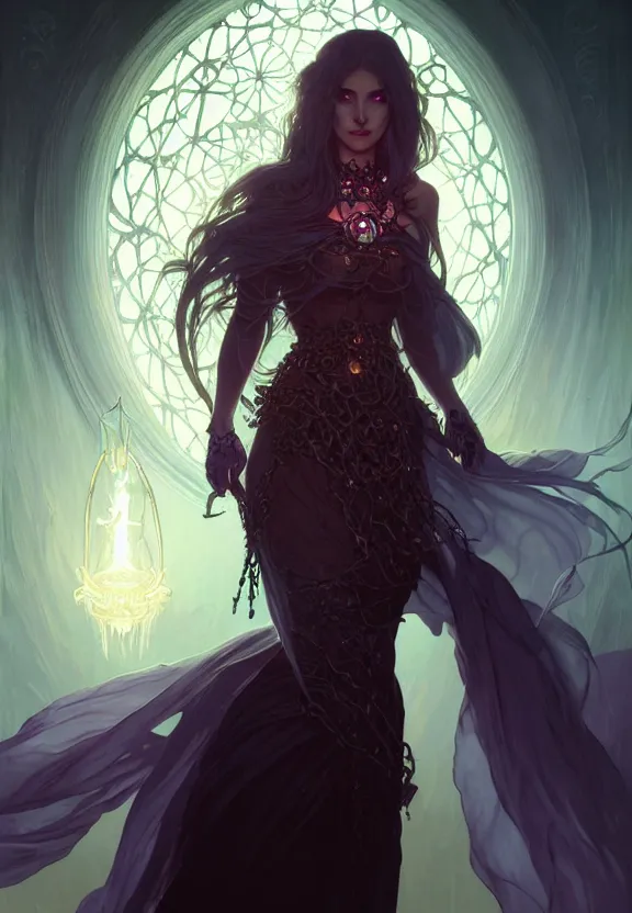 Image similar to Necromancer Sorceress in center, fantasy magic, undercut hairstyle, dark light night, intricate, elegant, sharp focus, illustration, highly detailed, digital painting, concept art, matte, art by WLOP and Artgerm and Greg Rutkowski and Alphonse Mucha, masterpiece