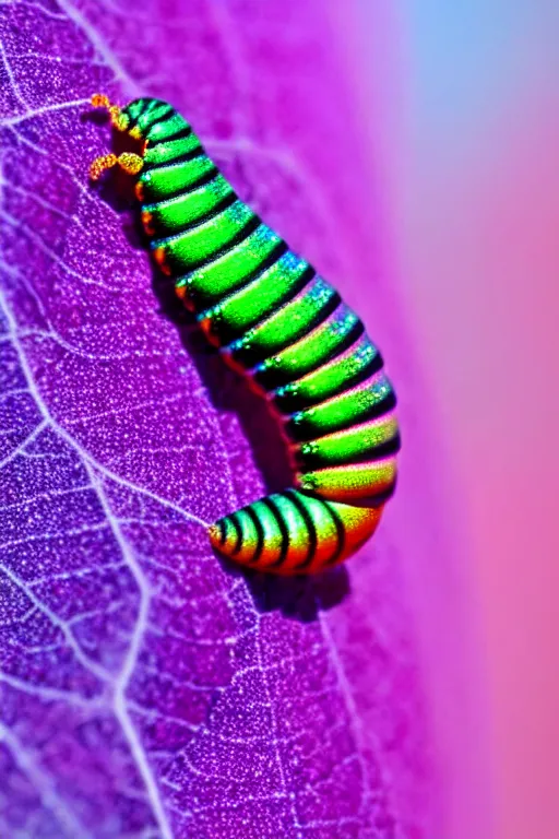 Image similar to high quality close-up photo iridescent caterpillar! gorgeous highly detailed david ligare elson peter cinematic pink lighting high quality low angle hd 8k sharp shallow depth of field