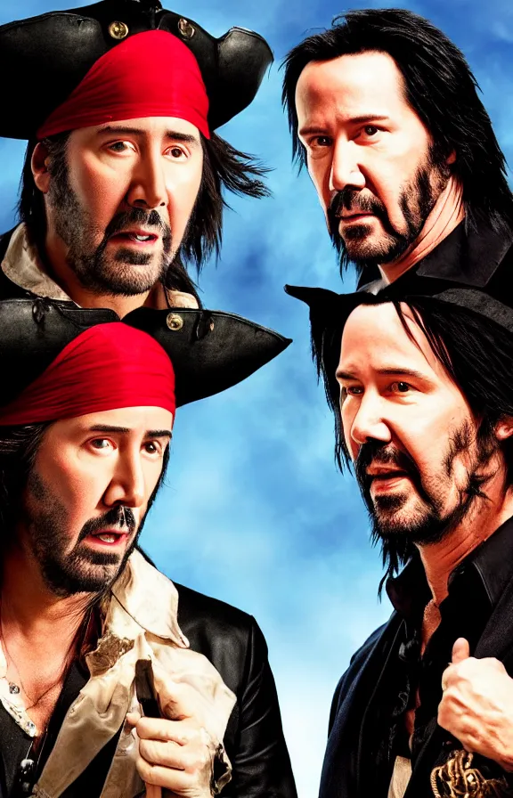 Prompt: Portrait of Nicolas Cage and Keanu Reeves wearing pirate hats, looking into the camera with serious faces, fiery explosion in the background, badass, cinematic, movie poster art