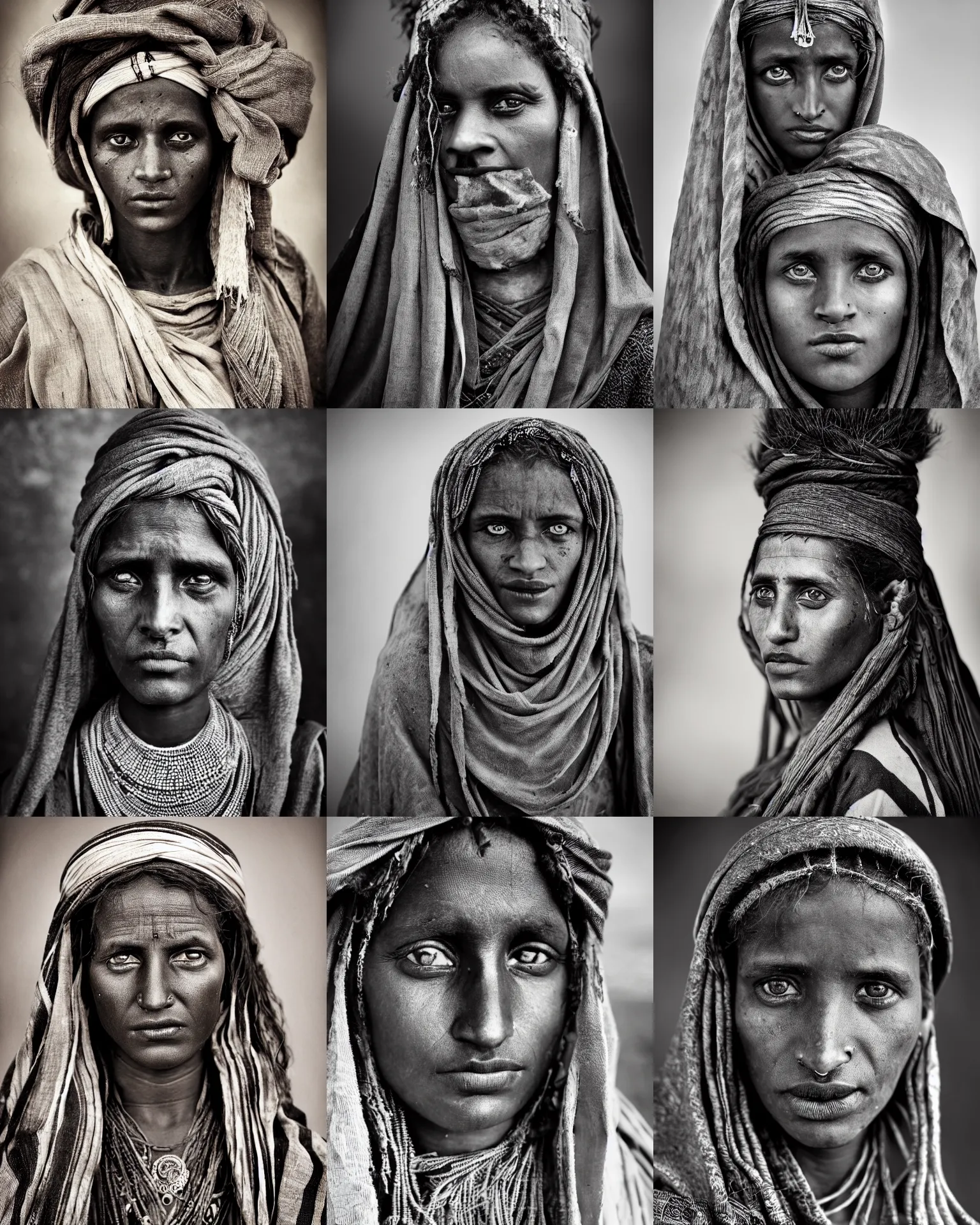 Prompt: Award winning Portrait photo of a Medieval Native Female Mauritanians with incredible hair and beautiful hyper-detailed eyes wearing traditional garb by Lee Jeffries, 85mm ND 5, perfect lighting, gelatin silver process