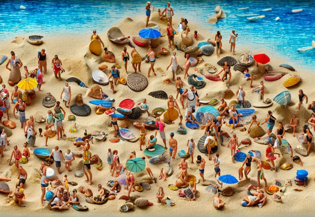 Prompt: orama miniature beach full of people, microscopic view, with strong gold godray,