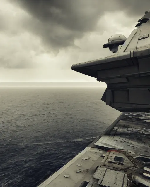 Prompt: view from an aircraft carrier of stormy seas, a gigantic star destroyer spaceship flying overhead, stormy weather, unreal engine, hyper realism, realistic shading, cinematic composition, realistic render, octane render, detailed textures, photorealistic, ultrawide shot, 16mm lens