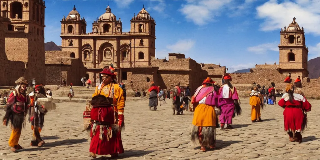 Prompt: peru in the 1 8 0 0 s filled with ancient cuzco inca architecture, inca womans walking the streets, indians in traditional wear haggling with the street vendors, surreal, beautiful, hyper realistic, trending on artstation, 8 k, hd