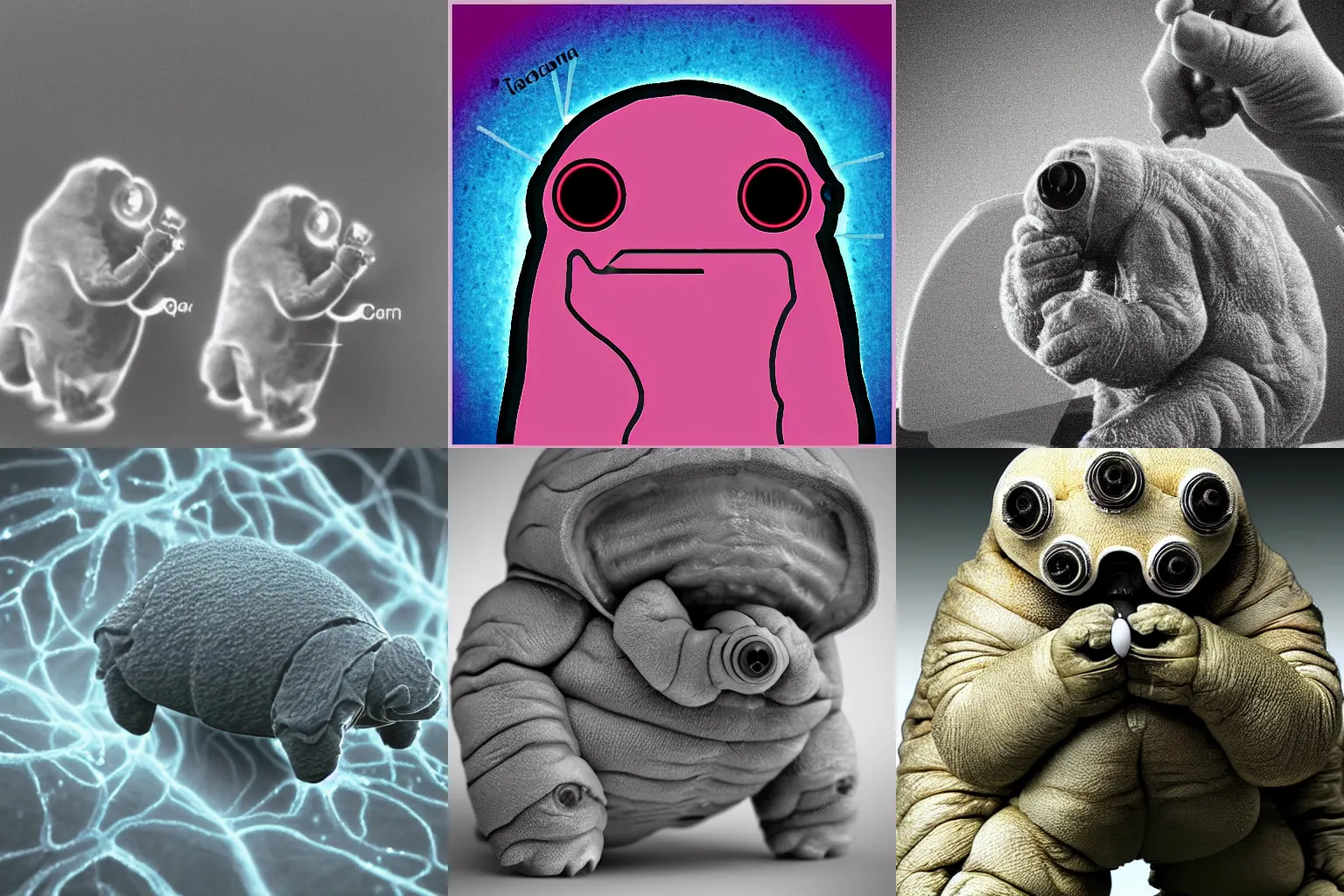 Prompt: Tardigrade making a phone call, electron microscope view,