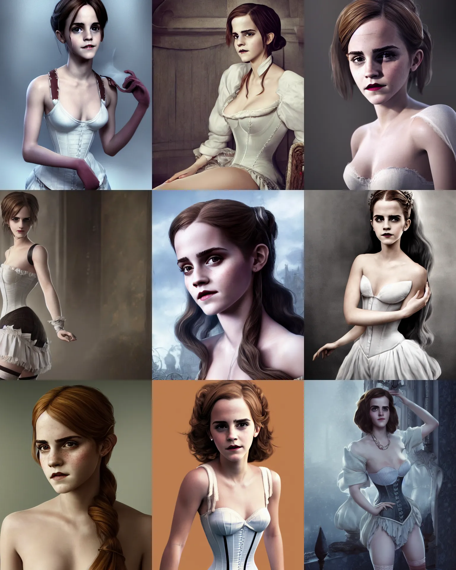 Prompt: full shot portrait painting of very beautiful emma watson standing as white maiden in revealing stockings corset noir streets, character design by mark ryden and pixar and hayao miyazaki, unreal 5, daz, hyperrealistic, octane render, cosplay, rpg portrait, dynamic lighting, intricate detail, cinematic