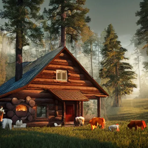 Prompt: a cabin in the woods with farm animals and friendly people, clash royal style characters, unreal engine 5, octane render, detailed, cinematografic, cinema 4 d, artstation trending