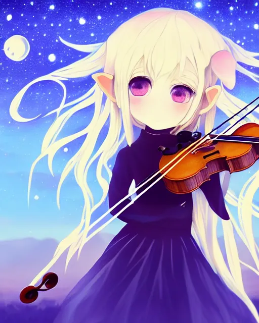 Image similar to chibi, cute, big eyes, full body, elf girl with white skin and golden long wavy hair, holding a violin and playing a song, stunning art style, filters applied, lunar time, night sky, trending art, sharp focus, centered, landscape shot, fate zero, simple background, studio ghibly makoto shinkai yuji yamaguchi, by wlop