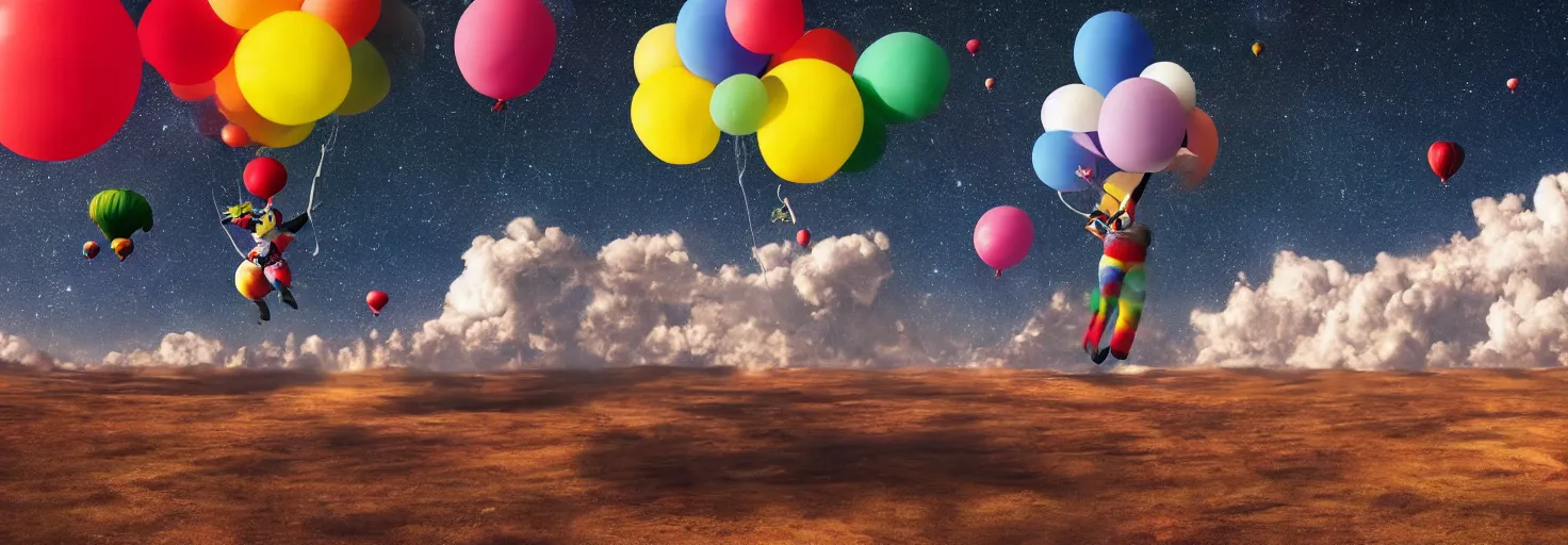 Image similar to A clown and balloons floating in space, planet Earth in the background, inspiring, epic, cinematic, award-winning, highly-detailed