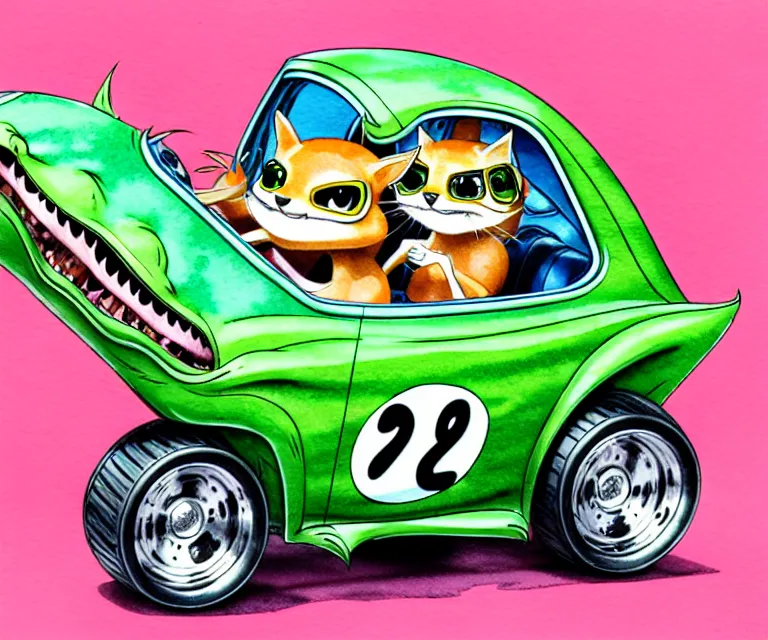 Prompt: cute and funny, margay driving a tiny hot rod with an oversized engine, ratfink style by ed roth, centered award winning watercolor pen illustration, isometric illustration by chihiro iwasaki, edited by craola, tiny details by artgerm and watercolor girl, symmetrically isometrically centered