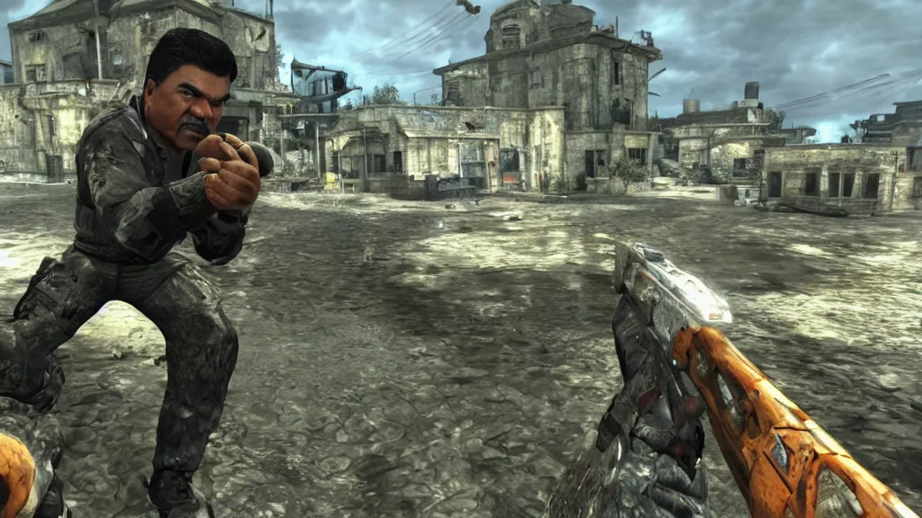 Image similar to george lopez, george lopez, in the call of duty zombies map tranzit, black ops 2 tranzit, screenshot, action