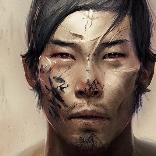 Image similar to a space ship crew member, male, asian, stubble, scars, tired smirk, sci fi character portrait by Ruan Jia and Mandy Jurgens