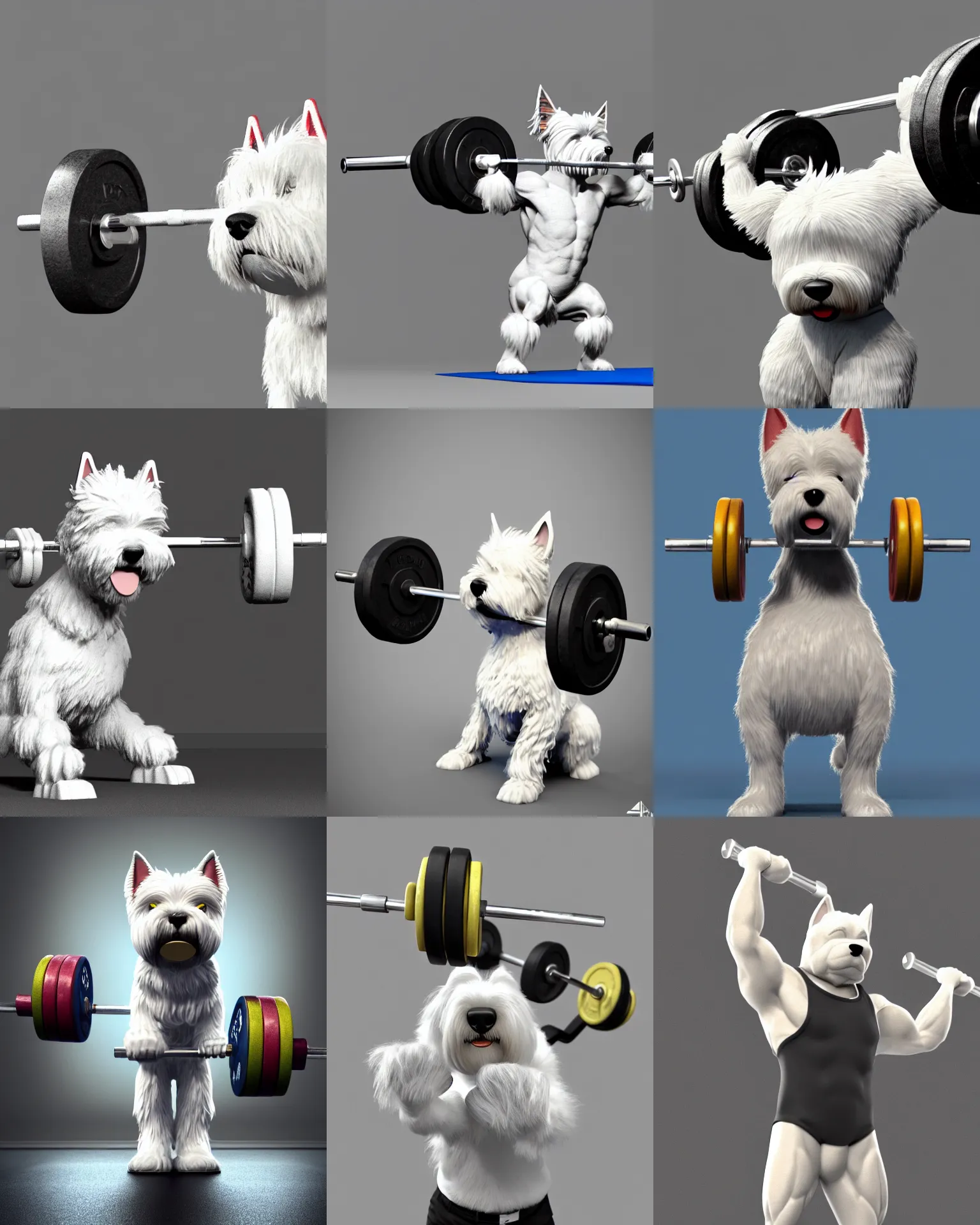 Prompt: an strong and muscular anthropomorphic west highland white terrier weight lifting weightlifting barbell up, over it's head, in olympic olympic weightlifting, 3 d render, photo realistic, concept art, 4 k, artstation, cgsociety