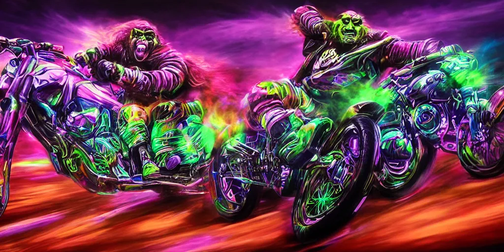 Image similar to psychedelic blacklight airbrush artwork, motorcycles, hyper stylized action shot of orc bikers racing on motorcycles, menacing orcs, drifting, skidding, wheelie, clear focused details, soft airbrushed artwork, black background, cgsociety, artstation