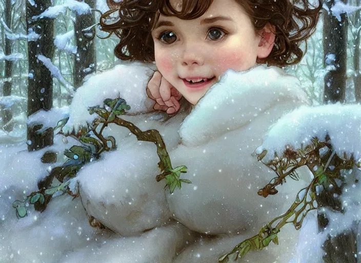 Image similar to A cute little girl with short curly brown hair and blue eyes, a round cherubic face and a happy expression. She is standing in a snowy forest trying to catch snowflakes. beautiful fantasy art by By Artgerm and Greg Rutkowski and Alphonse Mucha, trending on artstation.