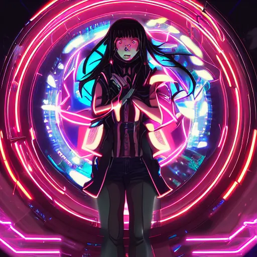 Image similar to full round symmetrical face!, digital cyberpunk anime!!, shattered cyborg body, girl in the style of arcane!!!, lightning, raining!!, water refractions!!, black long hair!, biomechanical details, neon background lighting, reflections, wlop, ilya kuvshinov, artgerm