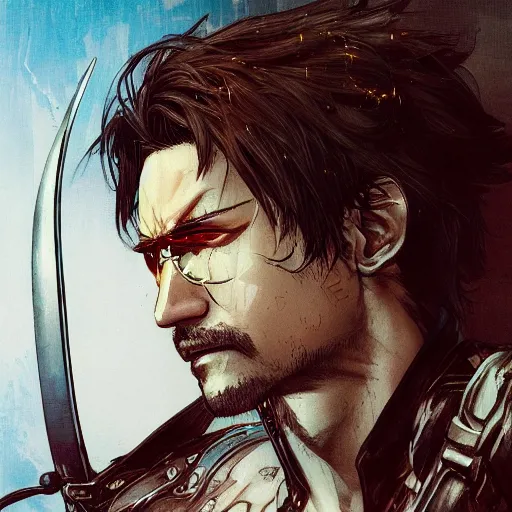 Image similar to portrait of a hero holding his sword in front of his face by yoji shinkawa, high quality, extra details, realism, ornate, colored, golden chain, blood, white skin, short hair, brown eyes, vivid, sunlight, dynamic, american man, freedom