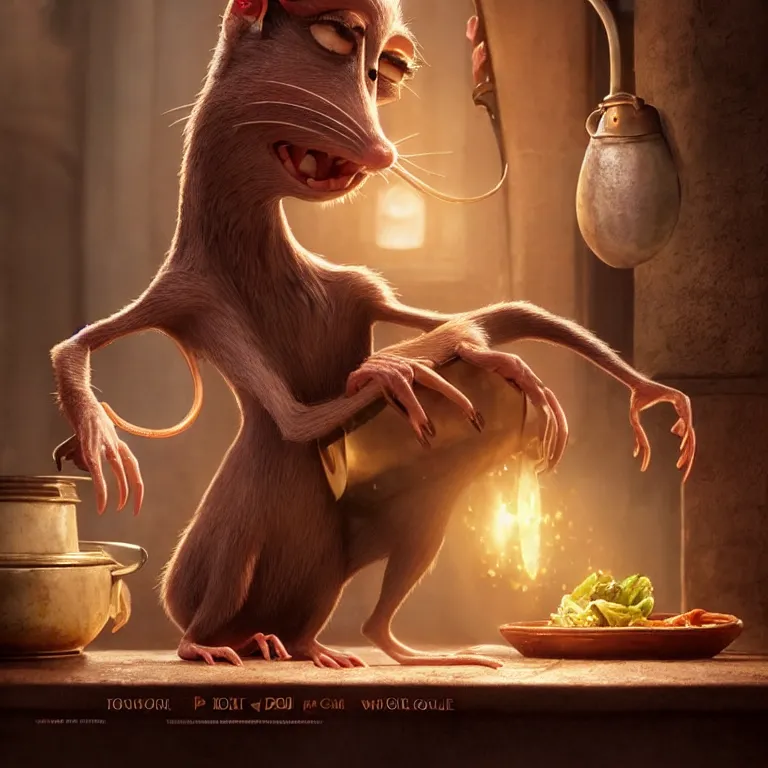 Prompt: beautiful cinematic fantasy poster the rat from ratatouille dramatically tossing food into a copper pot of soup, wideshot ultrawide angle epic scale, hybrid from The Elden Ring and art direction by Darius Zawadzki ;by artgerm; wayne reynolds art station; cinematic quality character render; low angle; ultra high quality model; production quality cinema model;