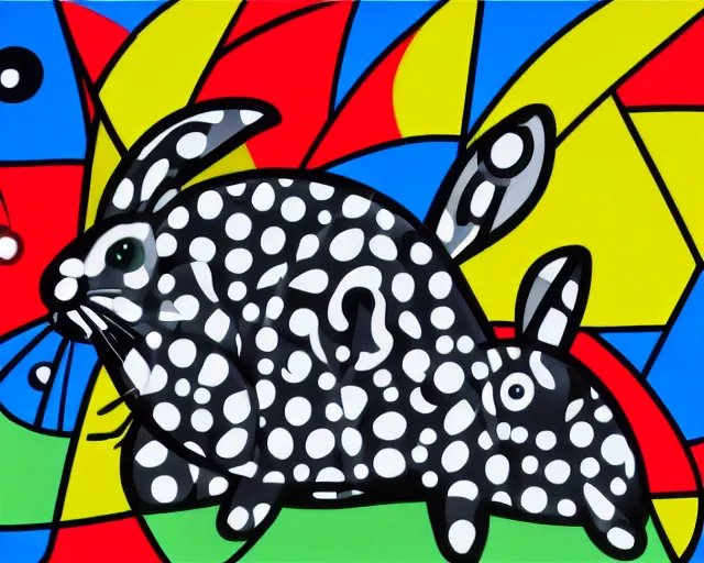 Image similar to a small black rabbit with white spots, fine art by romero britto