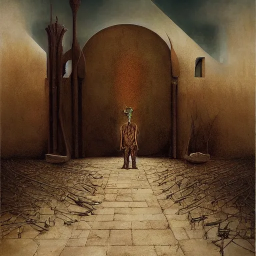 Image similar to Exterior Desert Oasis dessicated physique demonic crow wearing a man costume giorgio de chirico Jan Van eyck bastien lecouffe-deharme odd nerdrum dragan bibin john steuart curry dan witz