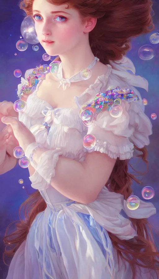 Prompt: portrait of magical lolita girl, dreamy and ethereal, blue eyes, peaceful expression, ornate frilly dress, fantasy, intricate, elegant, rainbow bubbles, highly detailed, digital painting, artstation, concept art, smooth, sharp focus, illustration, art by artgerm and greg rutkowski and alphonse mucha