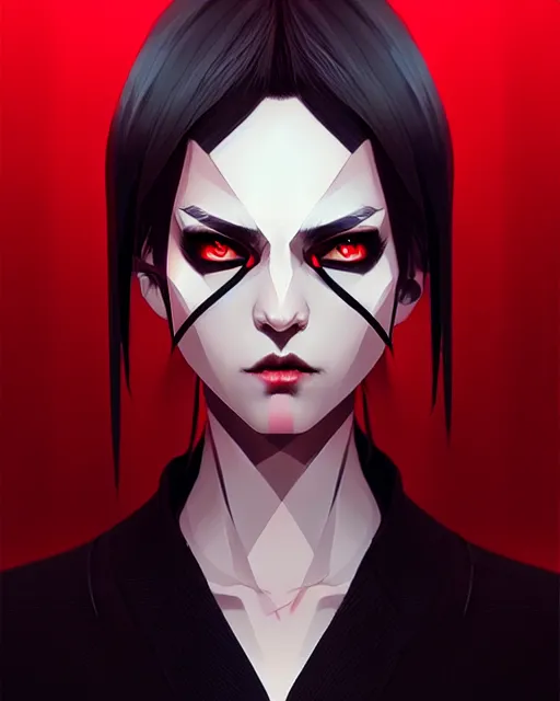 Prompt: sharp hq rendering, dark vampire, character portrait, concept art, painterly, fanart, highly detailed in the style of wlop by ilya kuvshinov, wenjun lin, angular geometric symmetrical design